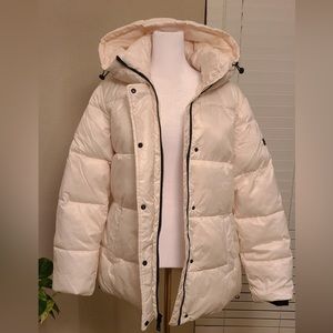 Two by Vince Camuto Women Puffer Jacket with Hoodie Ivory White